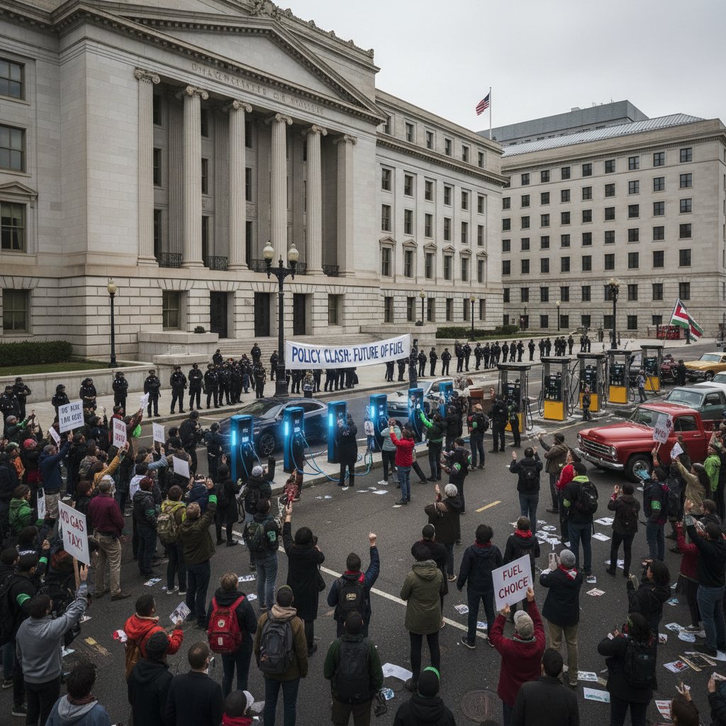 The clash of policy and technology shaping the future of driving, collage of government buildings, protestors, charging stations, gas pumps