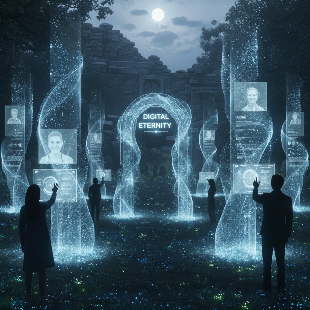 A solitary figure stands before a weathered gravestone, while a digital tablet glows with images of loved ones—bridging the gap between physical and virtual remembrance