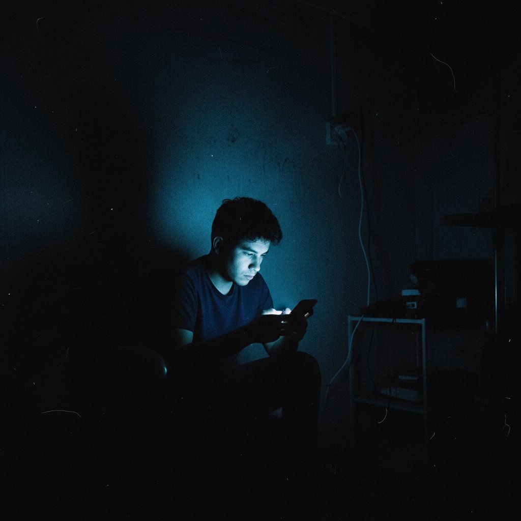 Osoba samotnie korzystająca z telefonu w ciemnym pokoju – cyfrowa izolacja i trauma psychiczna