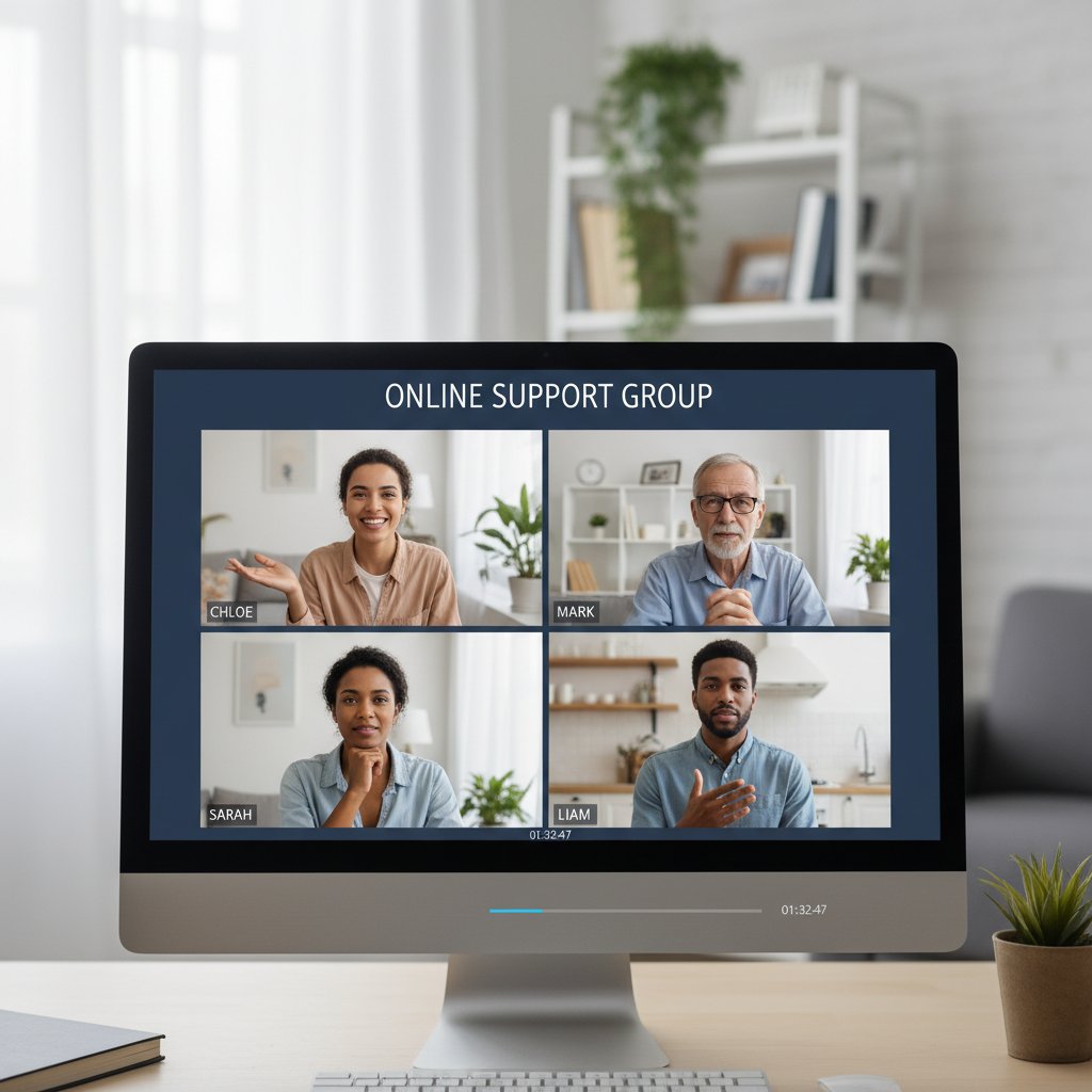 Grupa wsparcia online, ludzie komunikują się przez wideokonferencję
