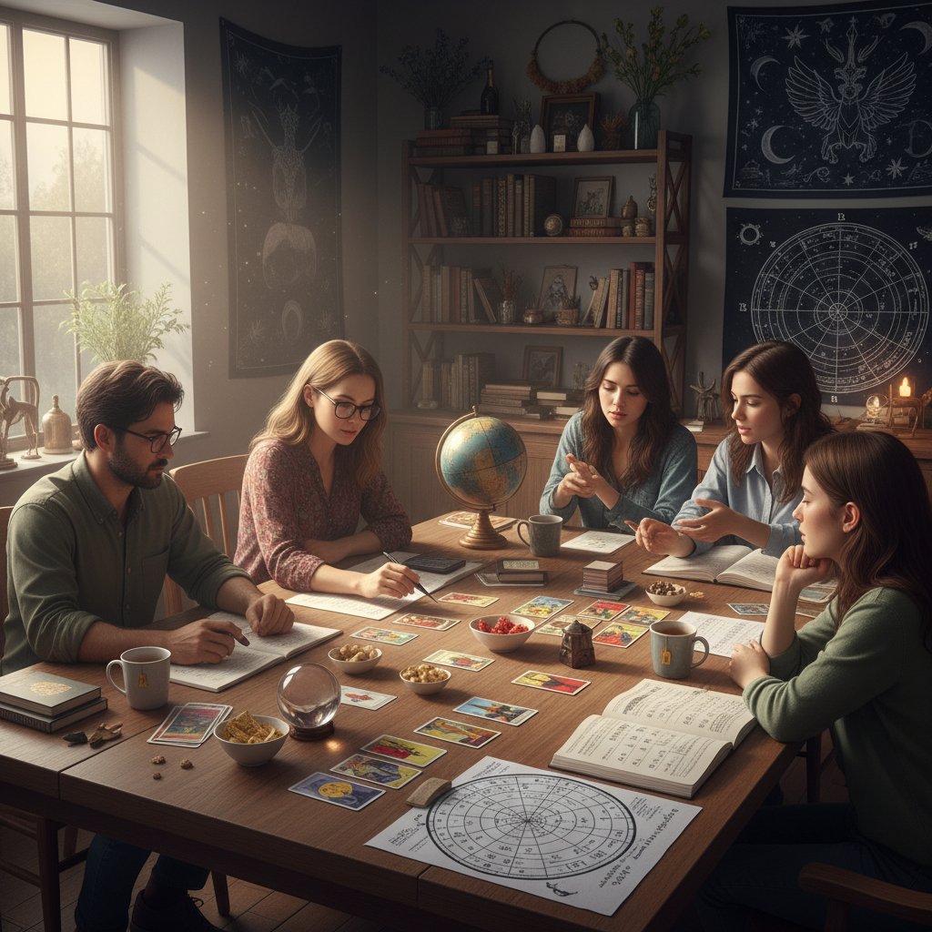 Grupa osób analizuje różne narzędzia ezoteryczne, karty tarota, liczby, astrologiczne symbole