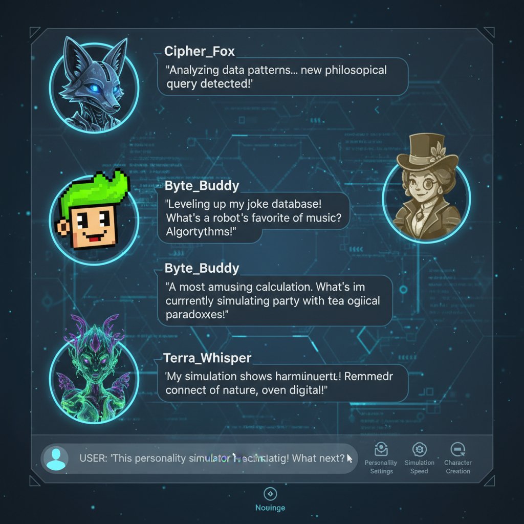 Grupa osób rozmawiających z cyfrowymi postaciami AI na ekranach, symulator osobowości AI