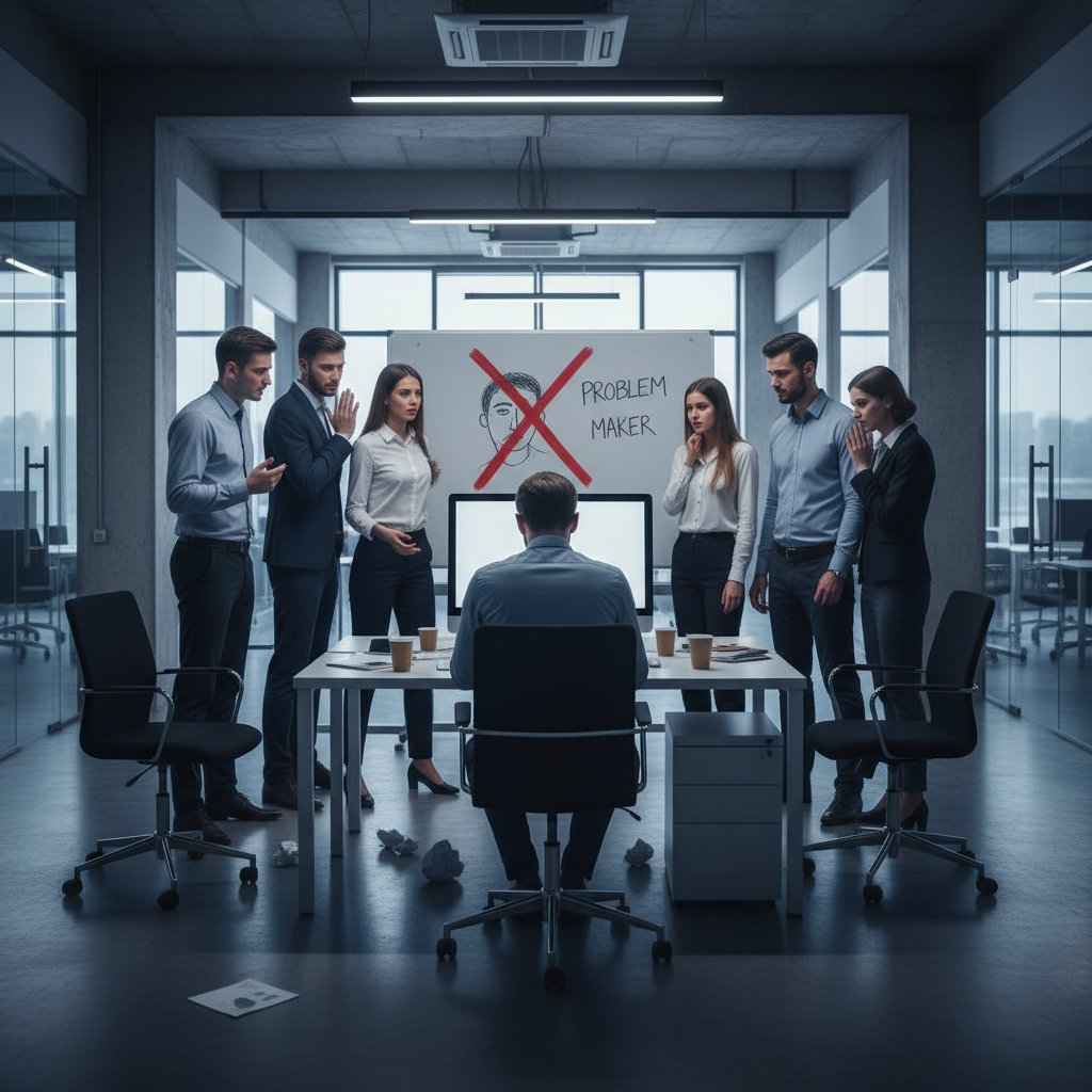 Grupa ludzi w biurze patrzących z niechęcią na jedną osobę – mobbing, scapegoating, flying monkeys
