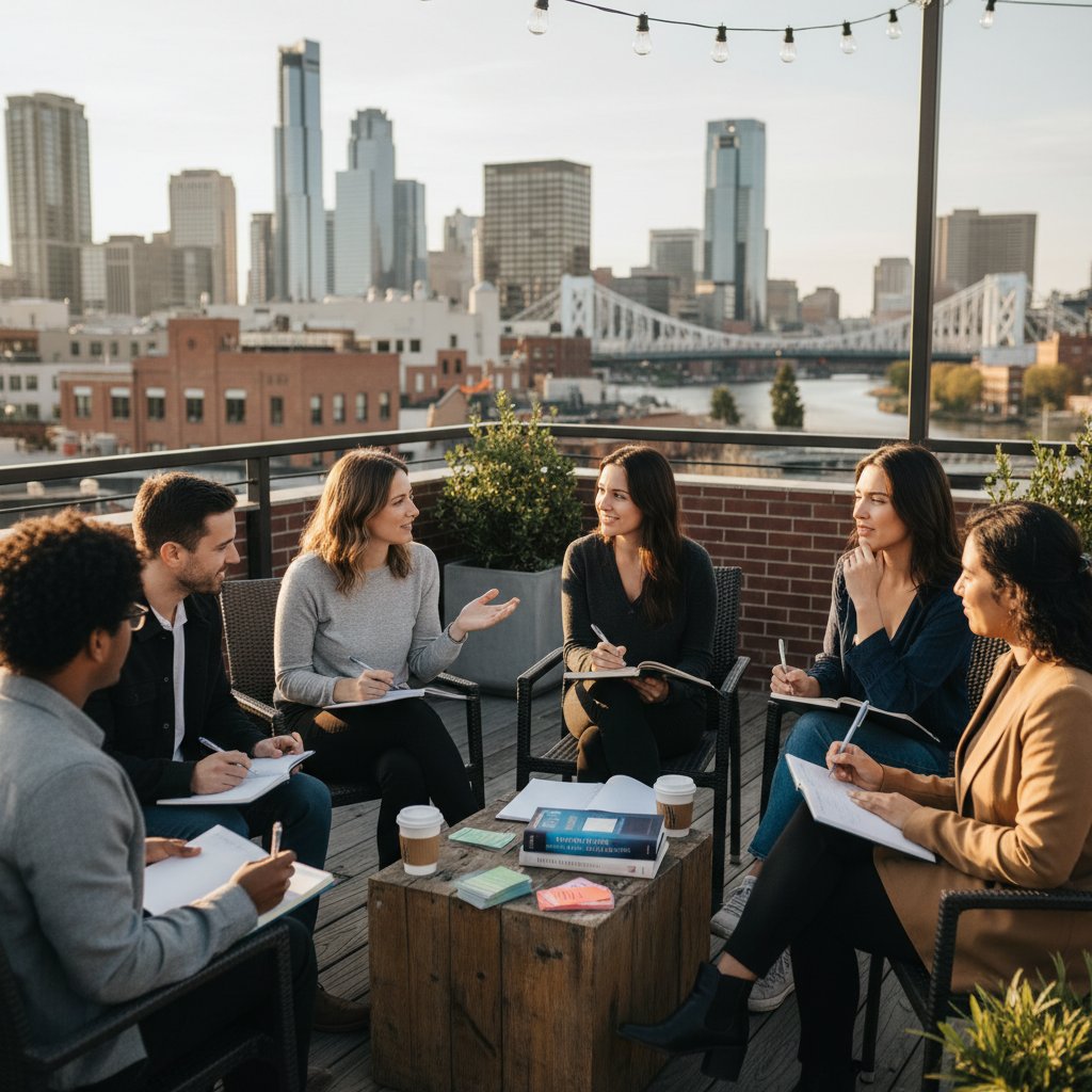 Diverse group of people journaling together in a city setting, representing the future of emotional intelligence journaling