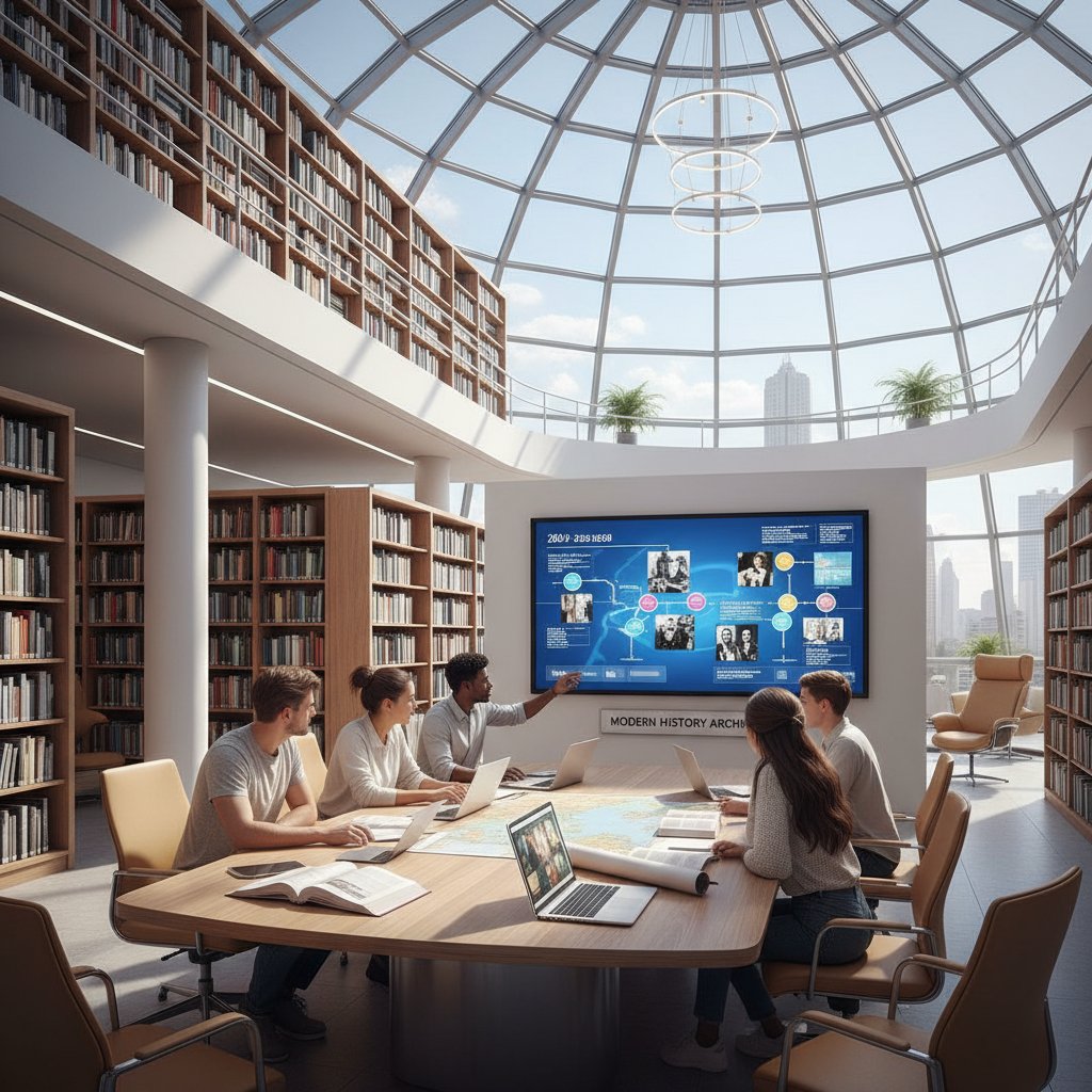 Grupa osób uczących się historii w nowoczesnej bibliotece