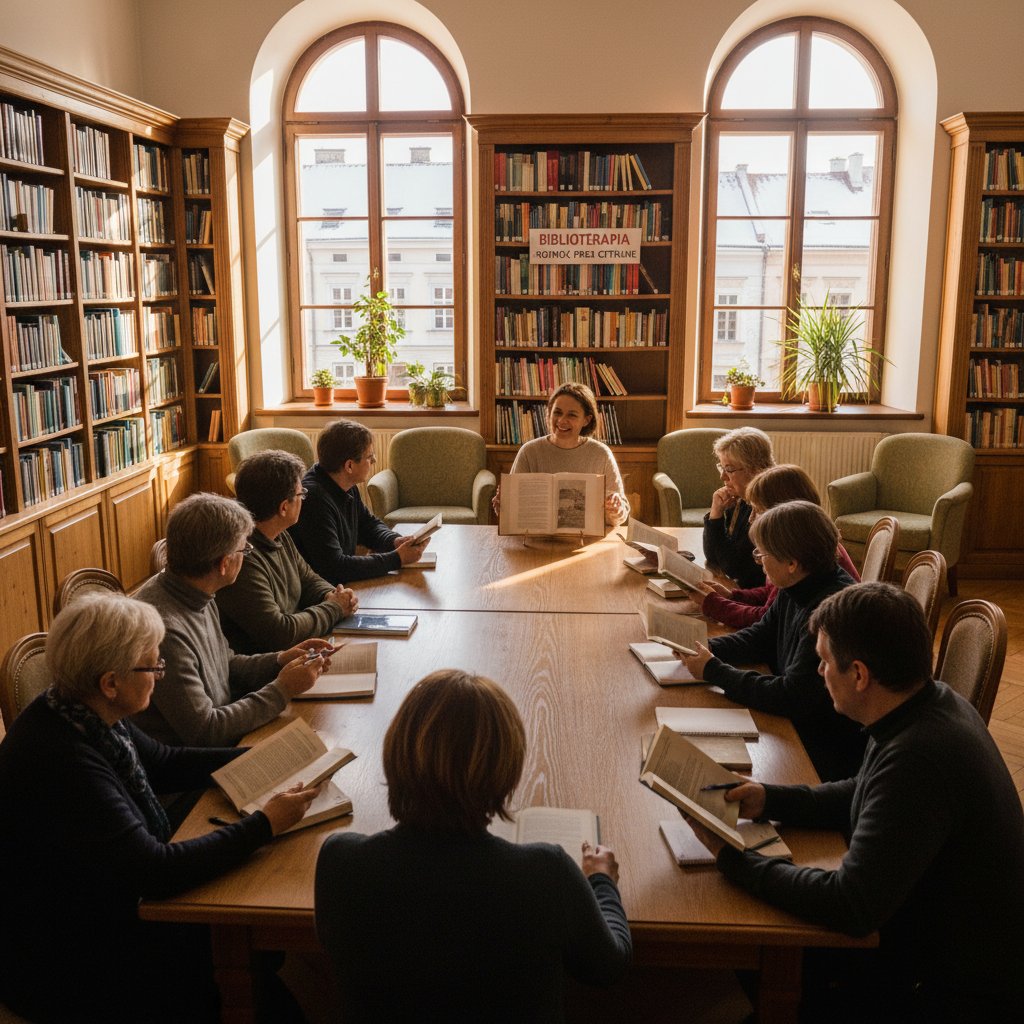 Grupa ludzi w bibliotece podczas warsztatów biblioterapeutycznych