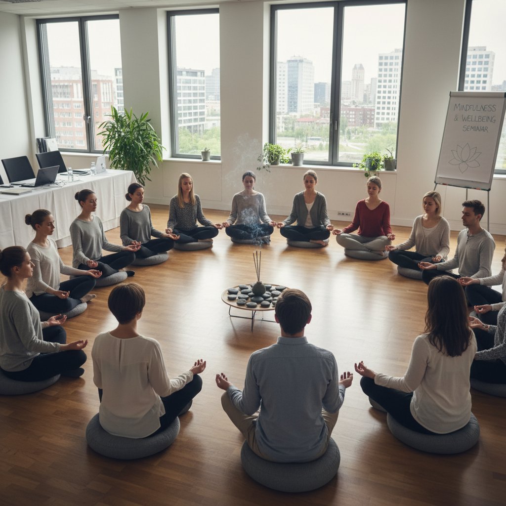 Zdjęcie sali konferencyjnej z osobami praktykującymi ćwiczenia uważności