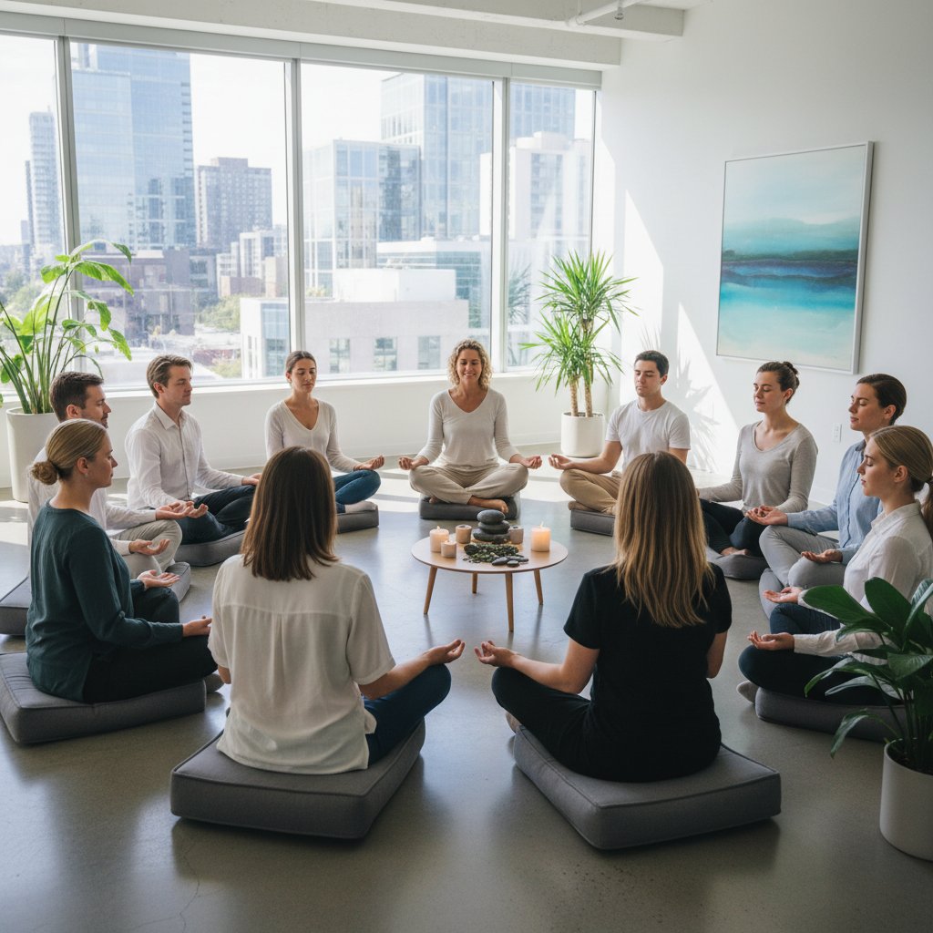 Grupa osób podczas warsztatu mindfulness w polskim ośrodku terapeutycznym