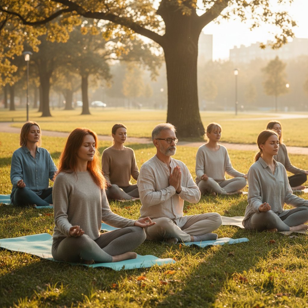 Grupa Polaków praktykujących uważność w parku o zachodzie słońca, integracja mindfulness i kontekstu