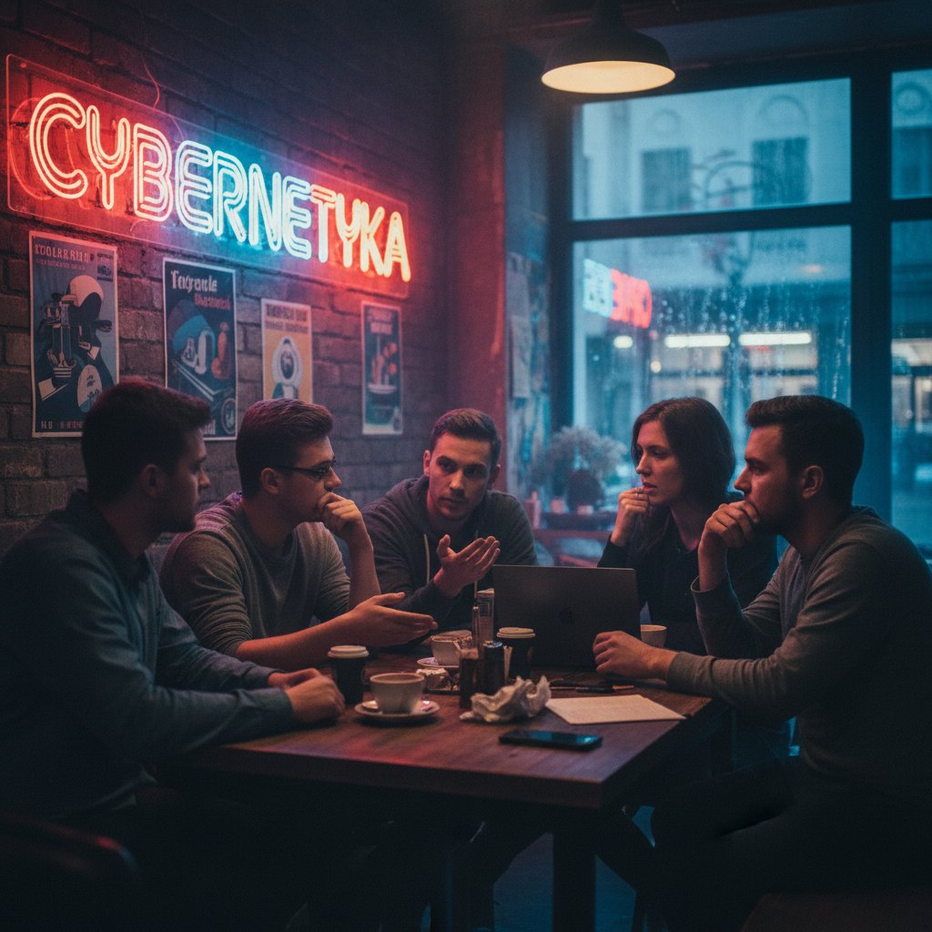 Dyskusja młodych Polaków o sztucznej inteligencji w kawiarni na tle neonów – AI w Polsce w praktyce