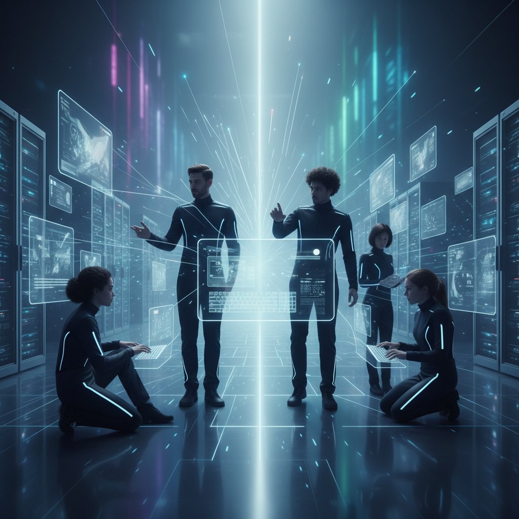 Grupa ludzi przy komputerach, symbol cyfrowych przestrzeni liminalnych, teamwork online