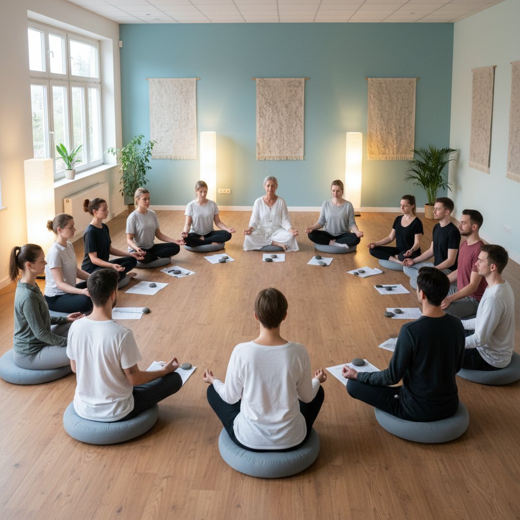 Grupa osób w sali warsztatowej, wspólnie wykonująca ćwiczenia mindfulness, współczesny klimat