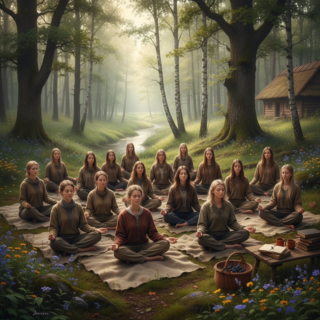 Grupa osób praktykujących mindfulness w lesie, brak urządzeń elektronicznych, cisza i spokój, JOMO na polskiej wsi