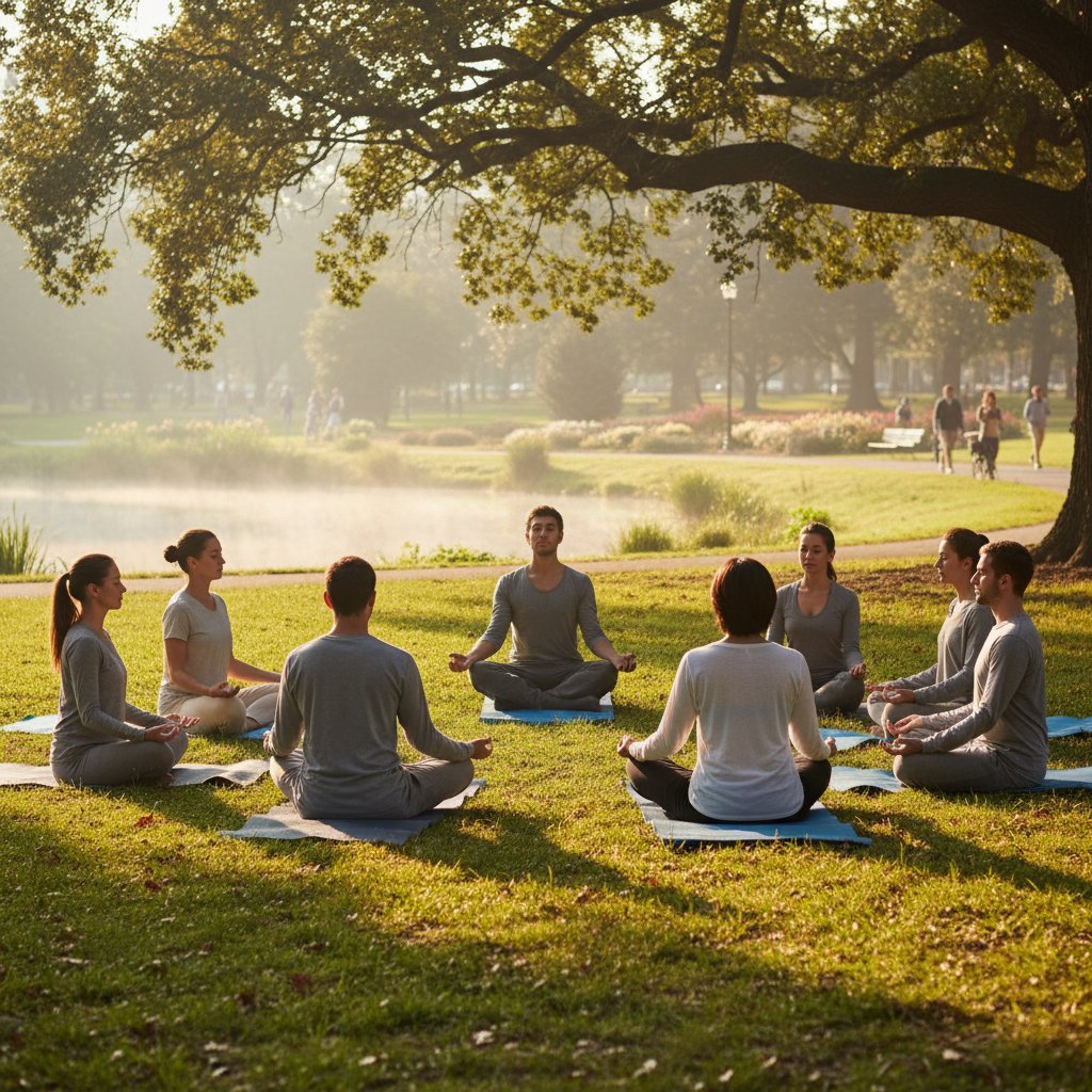 Grupa ludzi praktykujących mindfulness w parku, skupienie na oddechu i ruchu