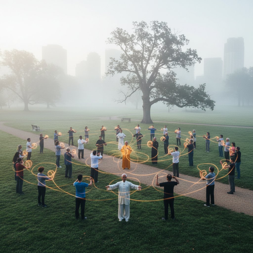 Grupa osób ćwiczących qigong w miejskim parku, wspólnota, poranna mgła, energia relacji