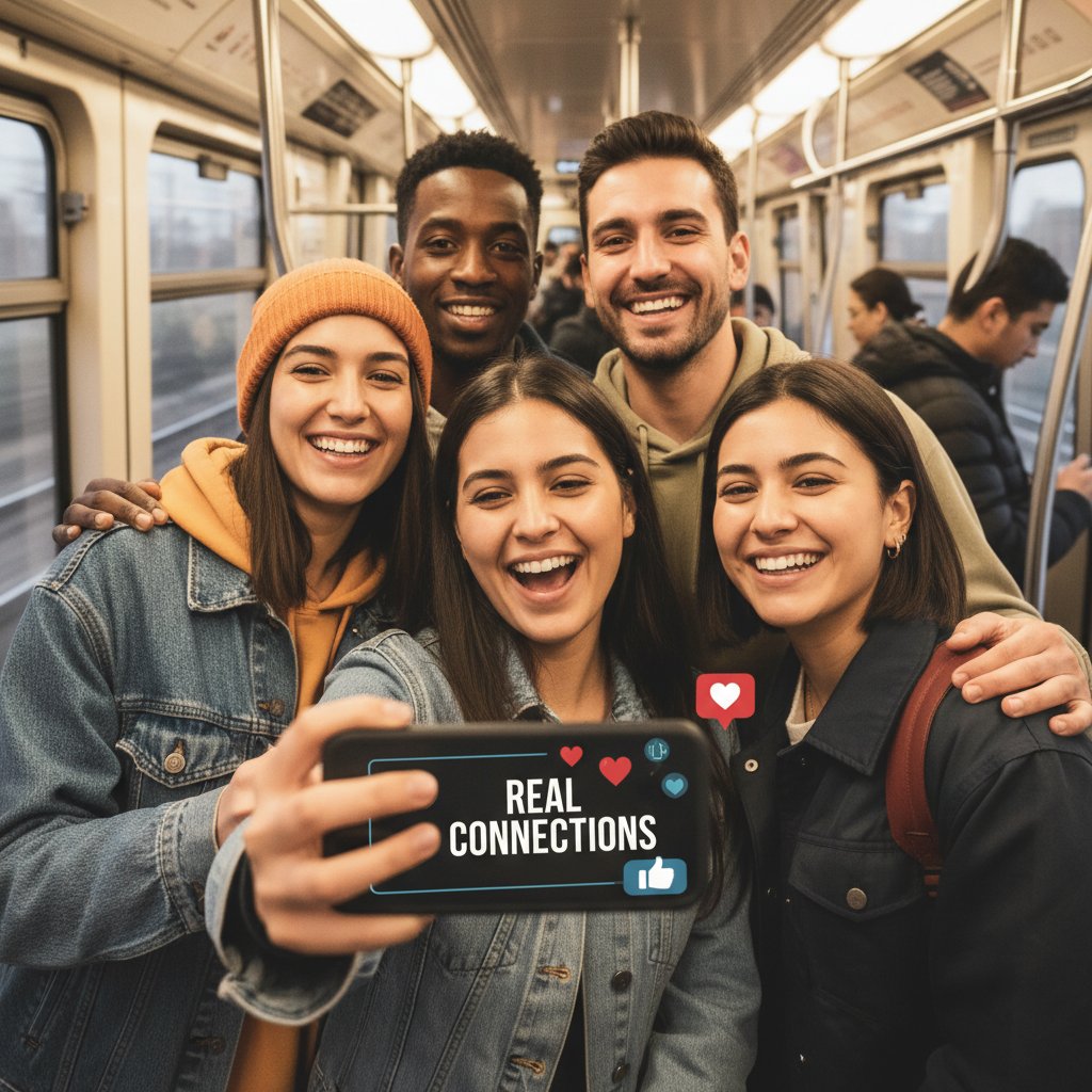 Grupa młodych ludzi robiących selfie w metrze, social media a rzeczywista bliskość