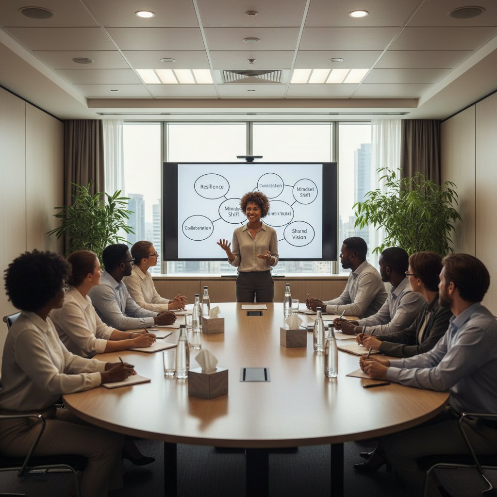 Grupa młodych ludzi w sali konferencyjnej podczas sesji coaching grupowego, mental coaching, wsparcie zespołowe