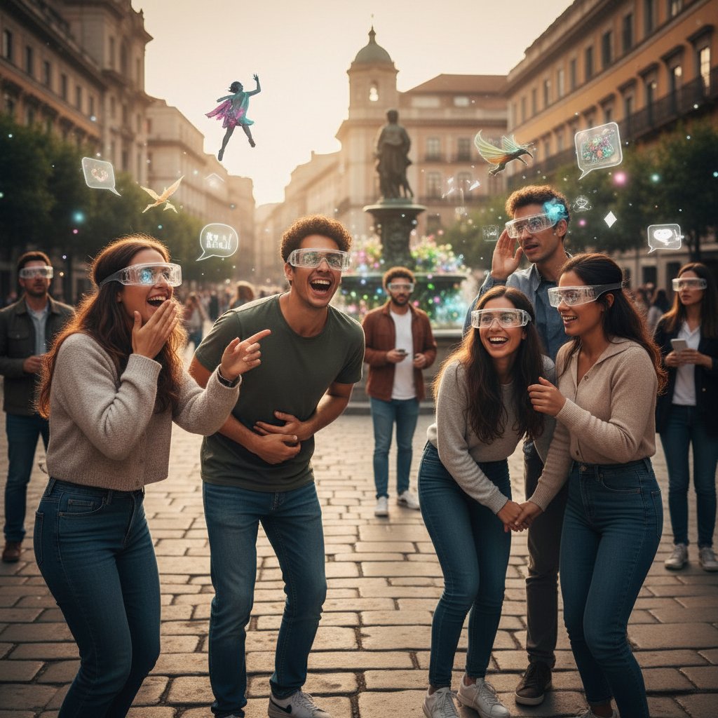 Grupa osób korzysta z AR w przestrzeni publicznej, różnorodne reakcje emocjonalne