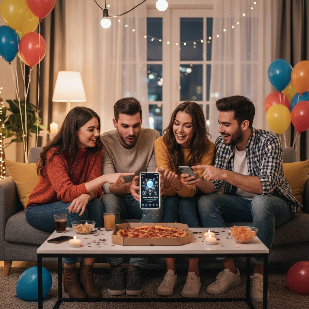 Grupa osób korzystająca z aplikacji mobilnej z przepowiedniami na imprezie