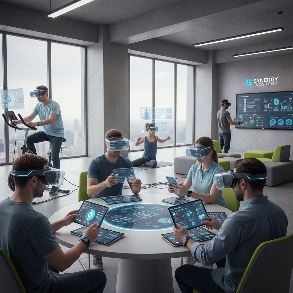 Grupa ludzi ćwiczących z technologią wearable, smartfony, nowoczesne wnętrze, trening online, dynamika