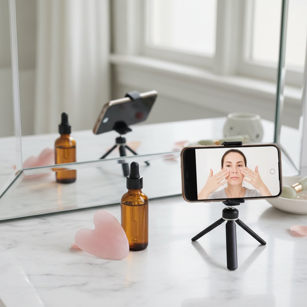 Narzędzia do gua sha na blacie w łazience: płytka, olejek i telefon