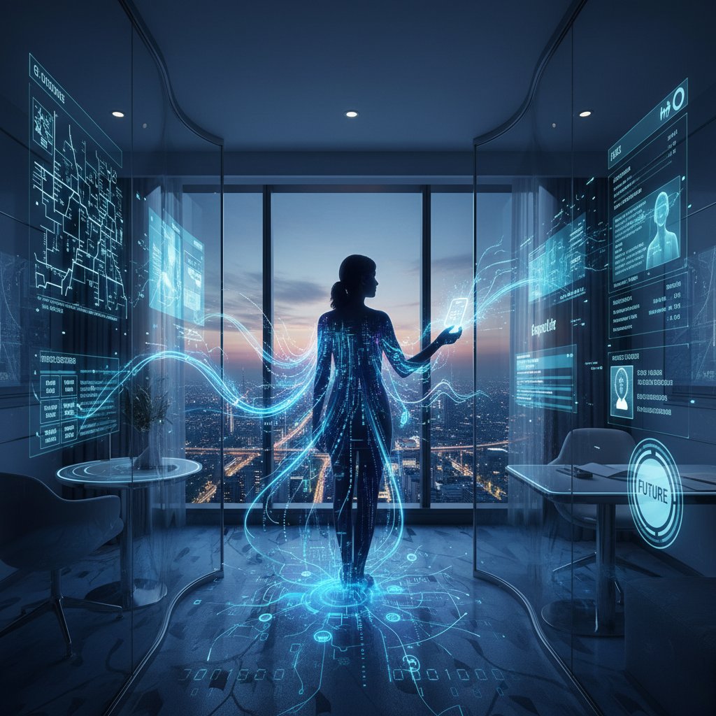 Guest as data point in hotel technology—guest silhouette with data streams, conceptual photo representing hotel guest experience technologies