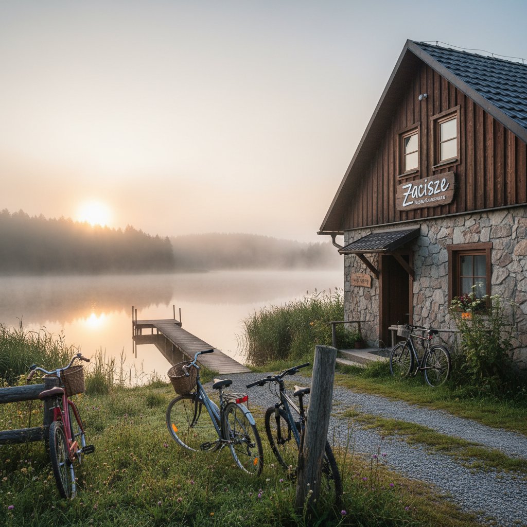 Pensjonat nad jeziorem o świcie, mgła, rowery pod budynkiem, Mazury