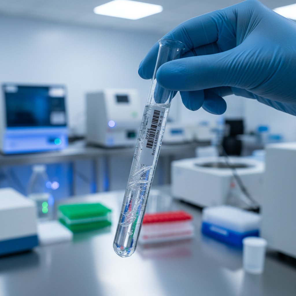Zbliżenie na dłoń trzymającą próbkę DNA w laboratorium