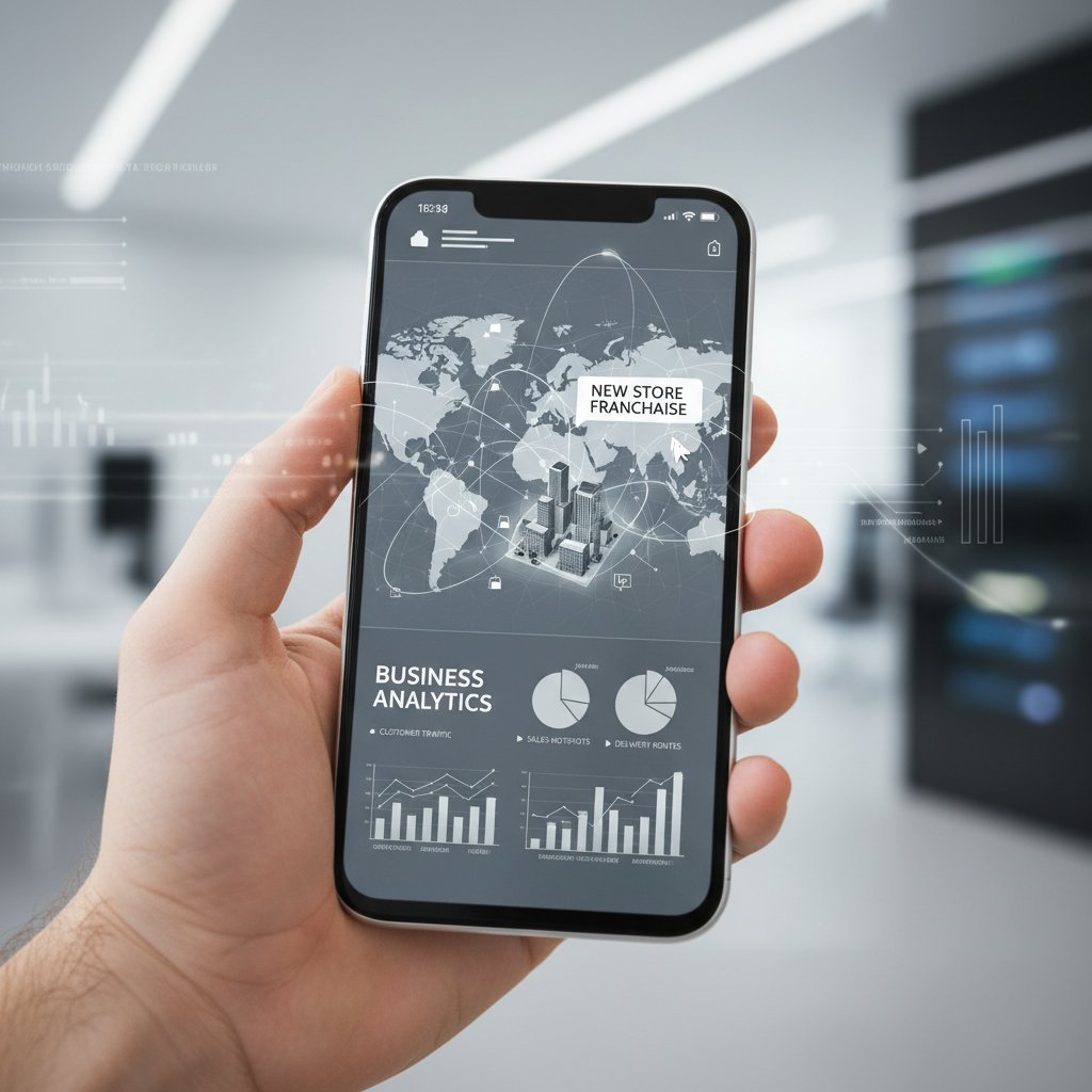 Ręka trzymająca smartfon z aktywną mapą i wskaźnikami danych przestrzennych, analiza danych geolokalizacyjnych