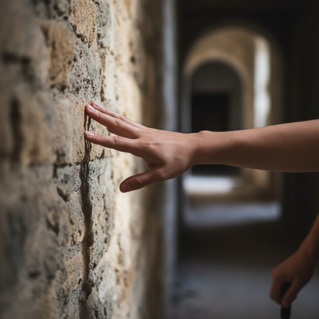 Codzienne życie osoby z ślepotą psychogenną: ręka dotykająca ściany, eksploracja otoczenia bez wzroku