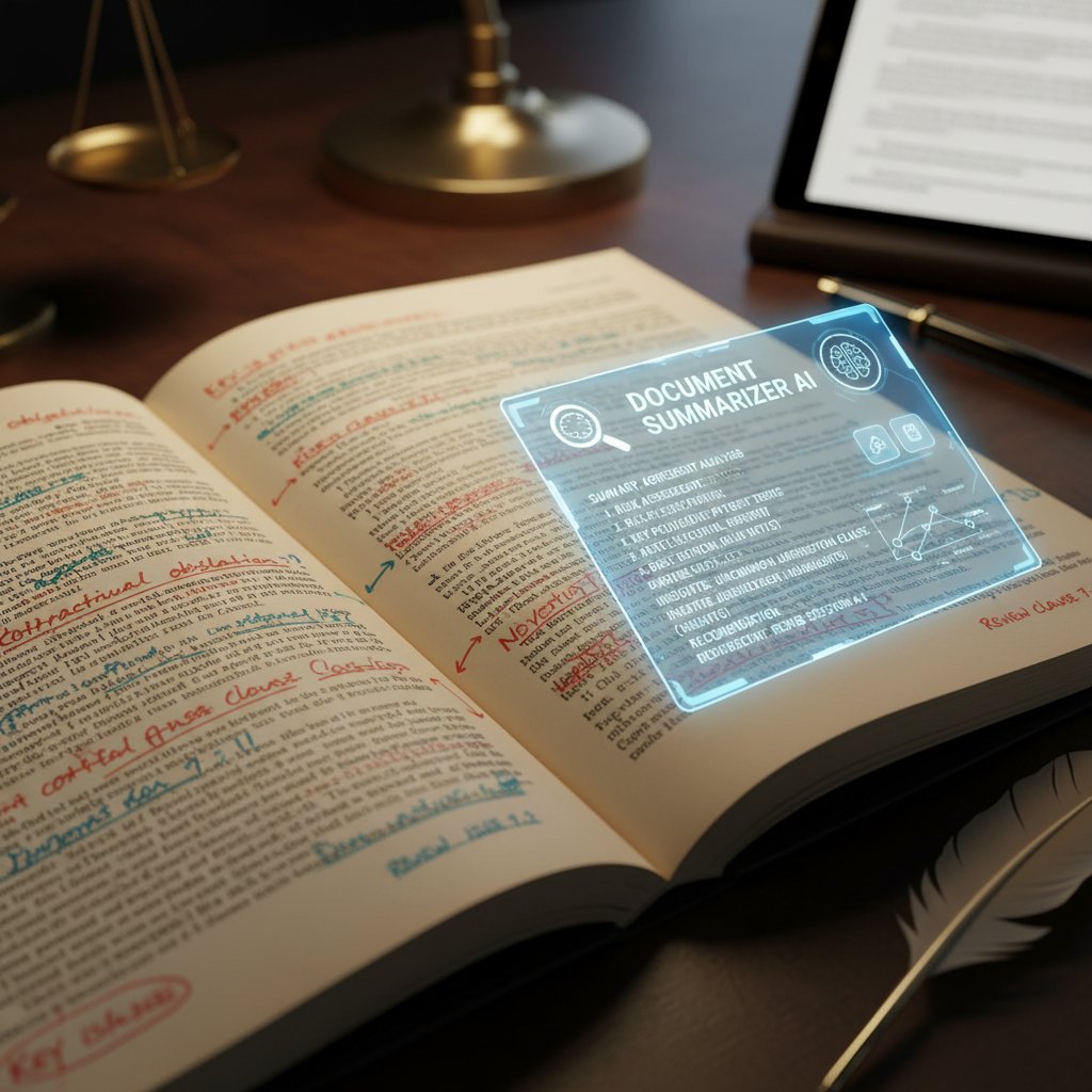 Hand-annotated legal document with colorful highlights, document summarizer for detailed insights