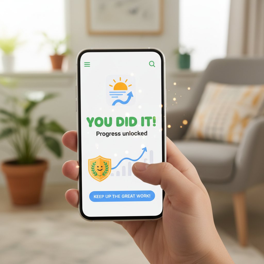 Hand hält Smartphone mit geöffneter Selbsthilfe-App, Fokus auf positive Rückmeldung