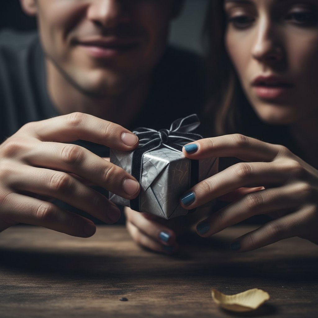 Zbliżenie dłoni oferujących prezent, niejednoznaczna emocja – typ 2 enneagramu