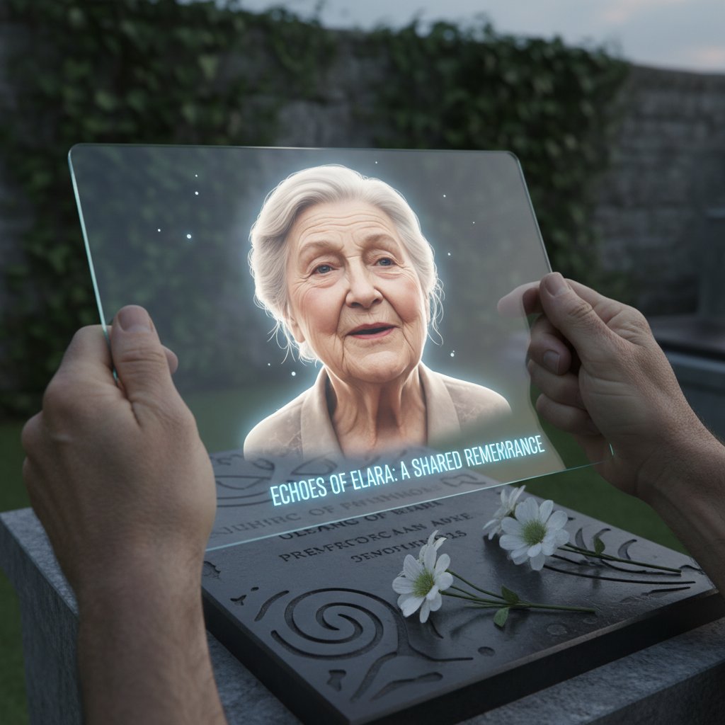 Hands holding a tablet displaying a digital avatar, highlighting the emotional and social impact of digital memorials