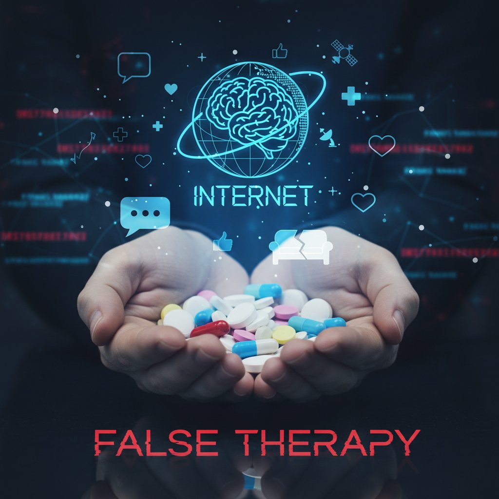 Zbliżenie na ręce trzymające pigułki i internetowy tablet, symbolizujące pułapkę fałszywych terapii