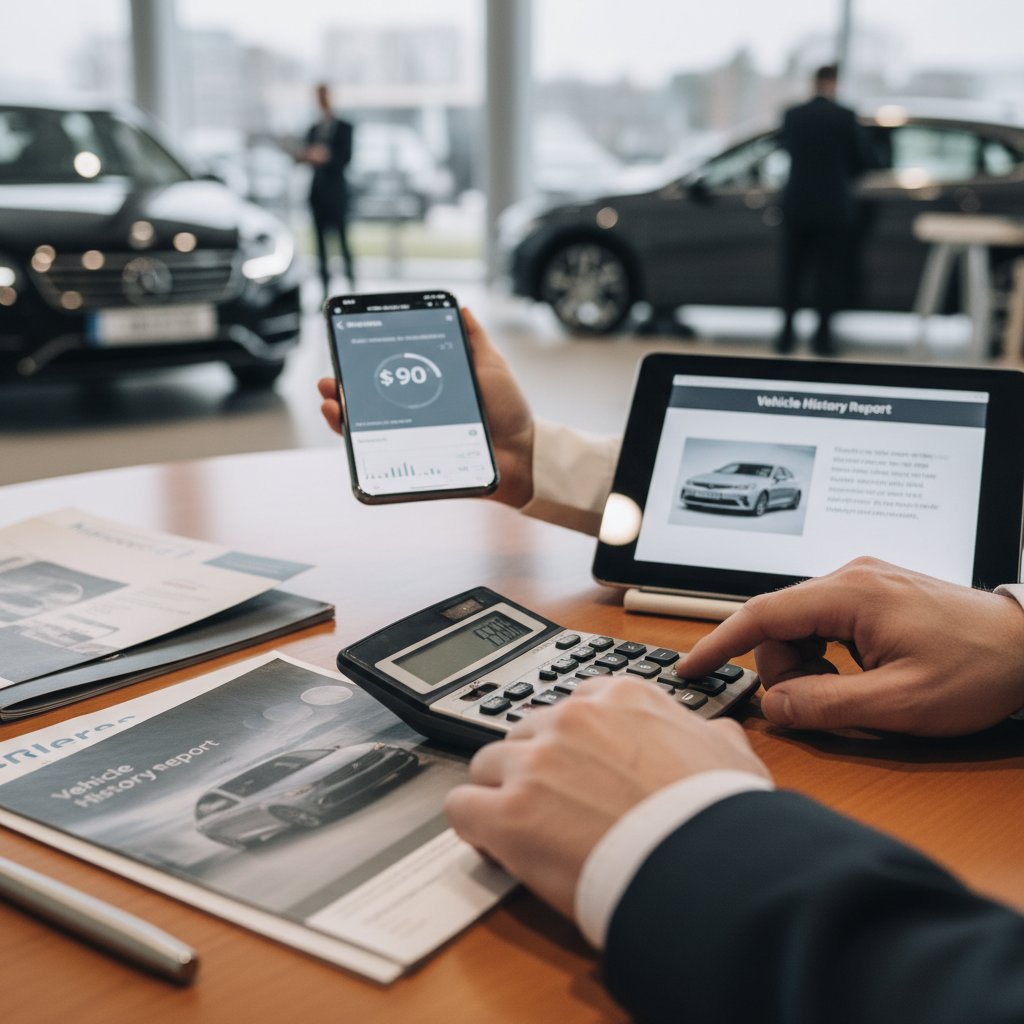Focused photo of hands using a calculator and smartphone side-by-side, embodying DIY car value analysis and smart buying
