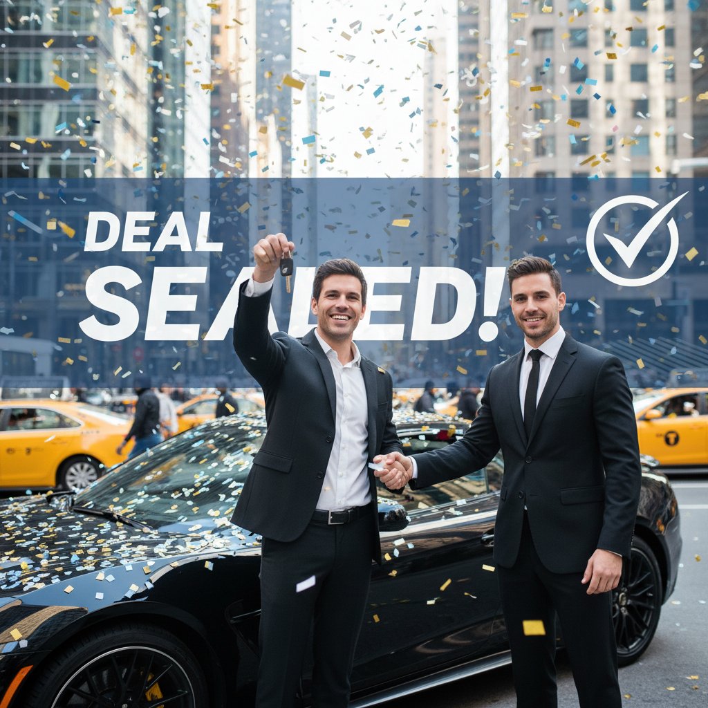 Happy buyer after successful car deal, celebrating next to car with confetti, urban setting.