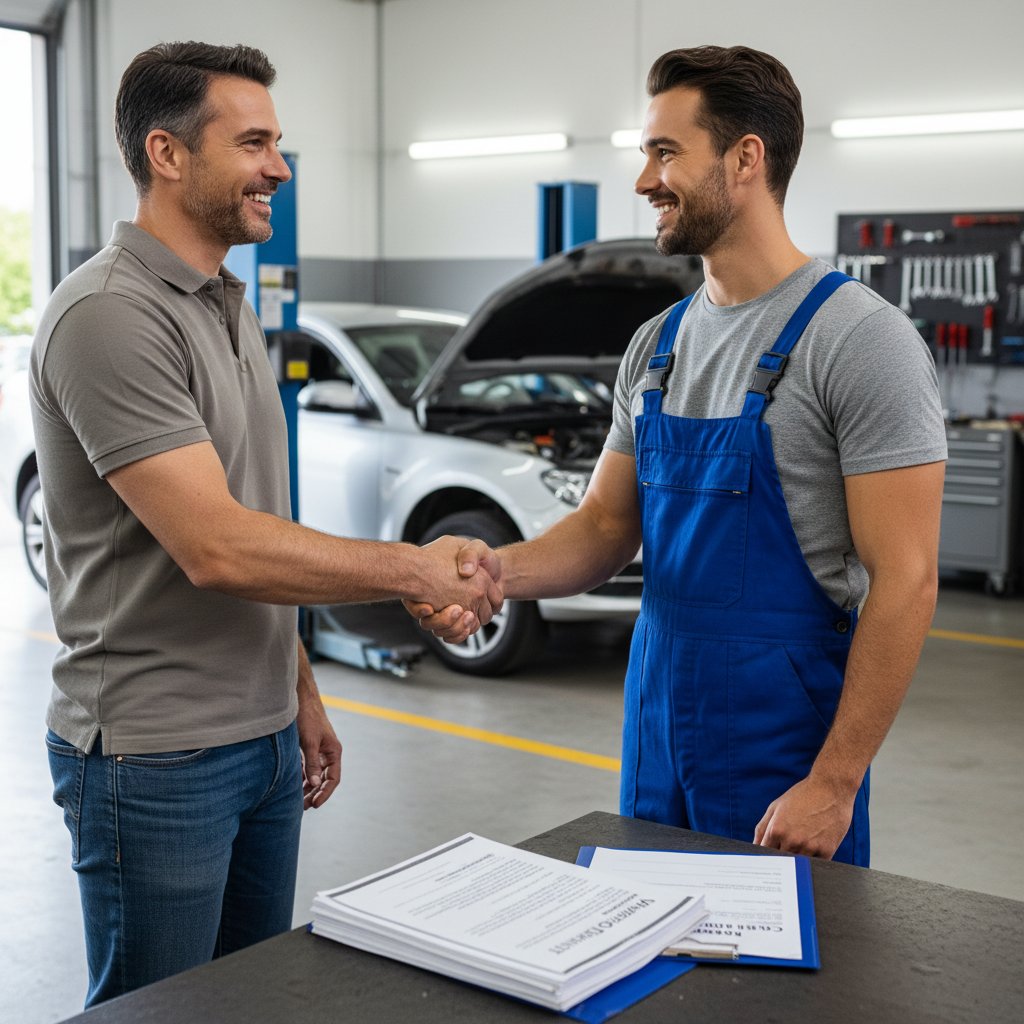 Happy car owner shaking hands with mechanic after successful warranty repair, extended car warranty documents visible