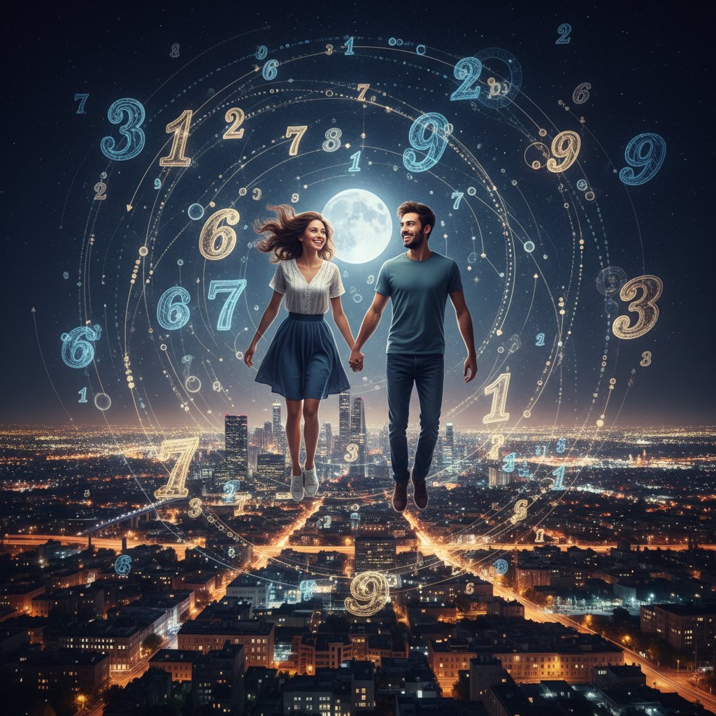 Szczęśliwa para spacerująca nocą po mieście, uśmiechy, cyfry unoszące się w powietrzu – udane dopasowanie numerologiczne