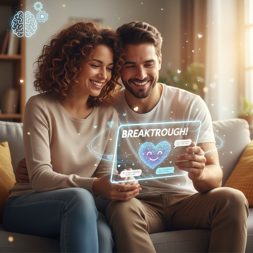 A couple smiling and talking after using a relationship chatbot, symbolizing hope and breakthroughs from AI advice