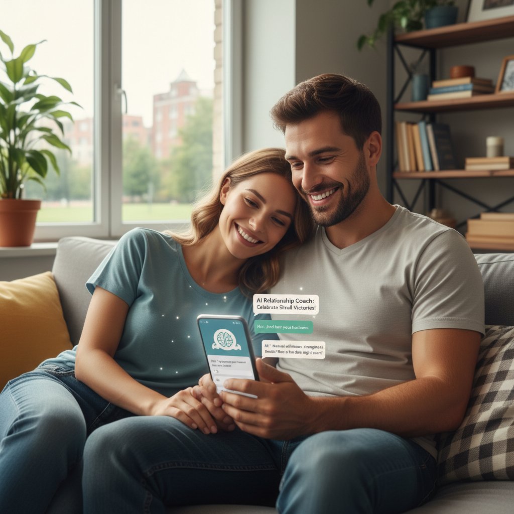 Dynamic photo: couple using smartphone together, smiling—modern relationship, AI advice, positive mood