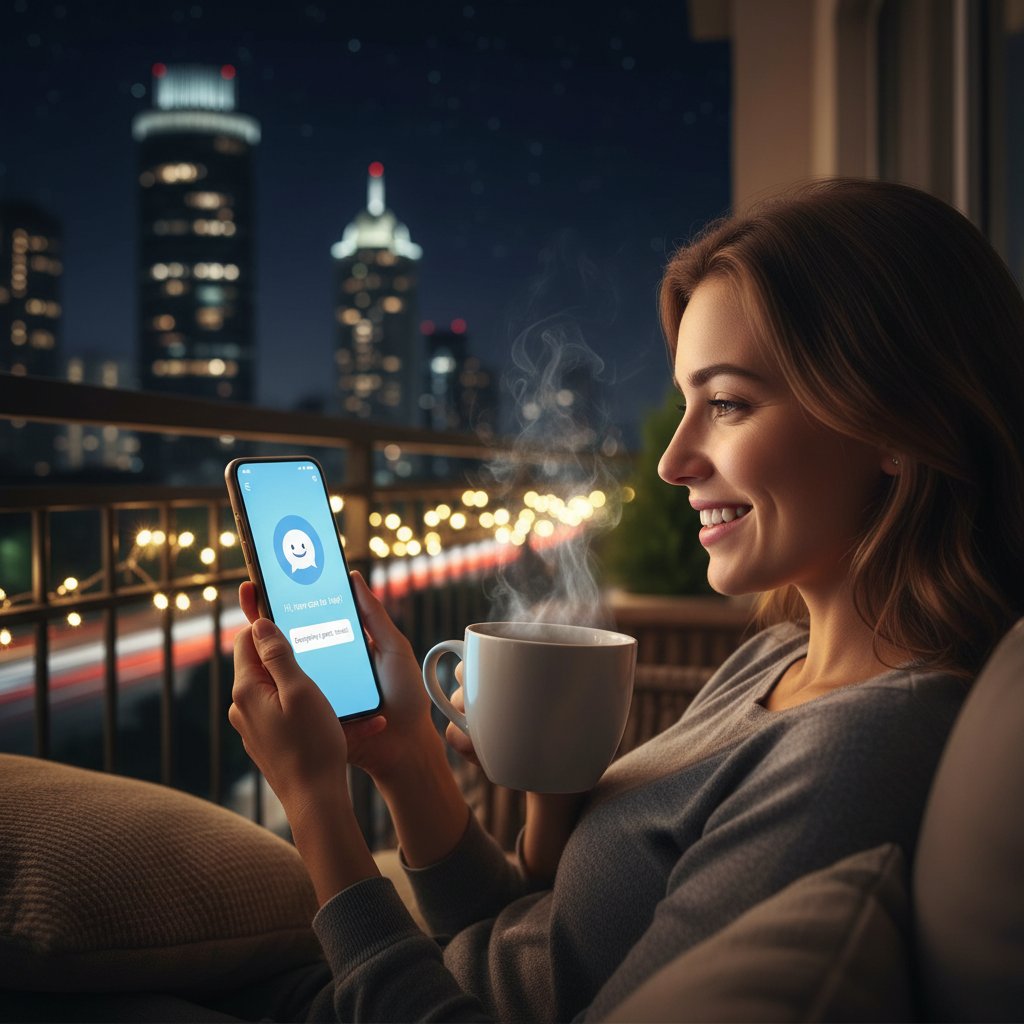Customer happily using insurance chatbot on smartphone at night