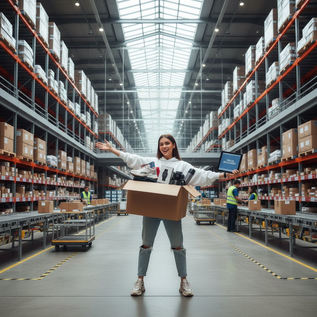 Zadowolony klient e-commerce odbierający paczkę, nowoczesne centrum magazynowe