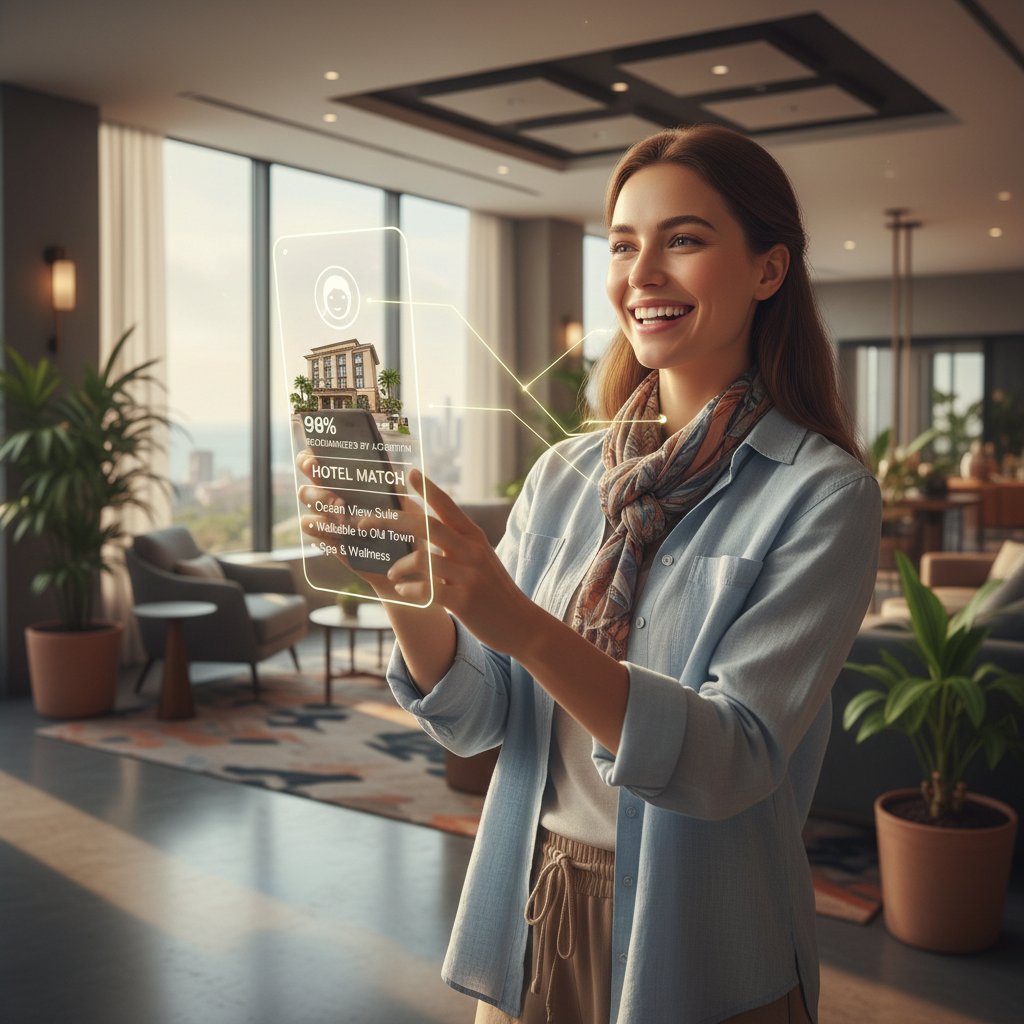 A happy traveler stepping into a stylish boutique hotel, with digital match indicators overlaying the scene