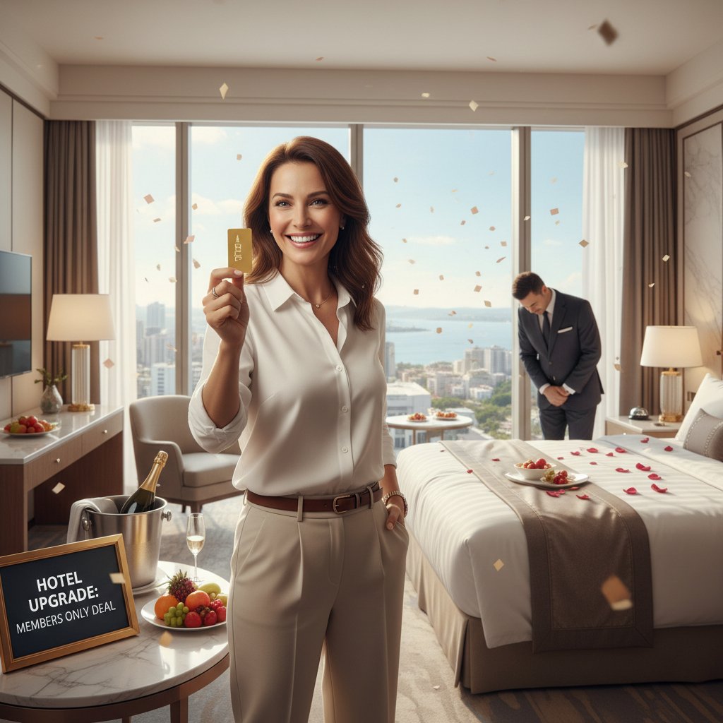 Happy traveler celebrating hotel upgrade, illustrating a positive outcome from members-only accommodation deals