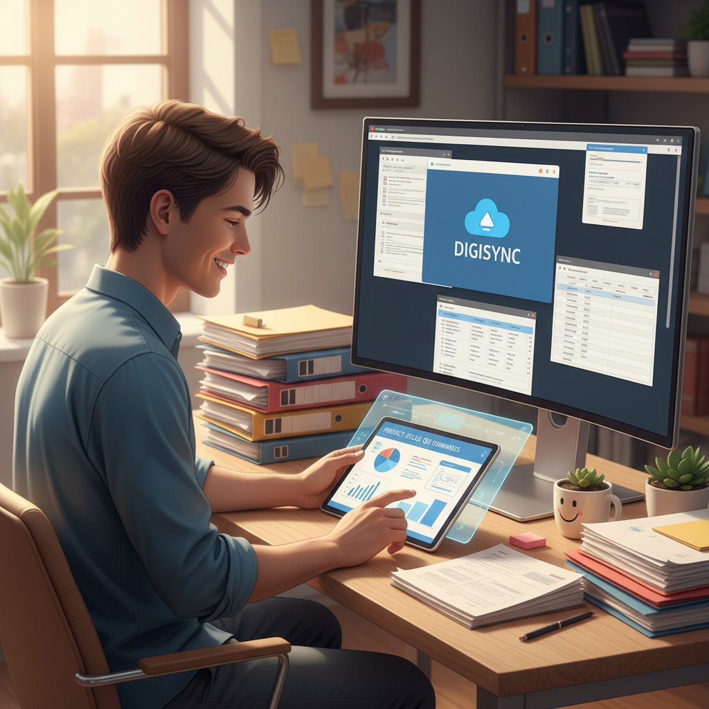 Happy user with organized documents and digital summaries, celebrating document summarizer for simplified workflow success