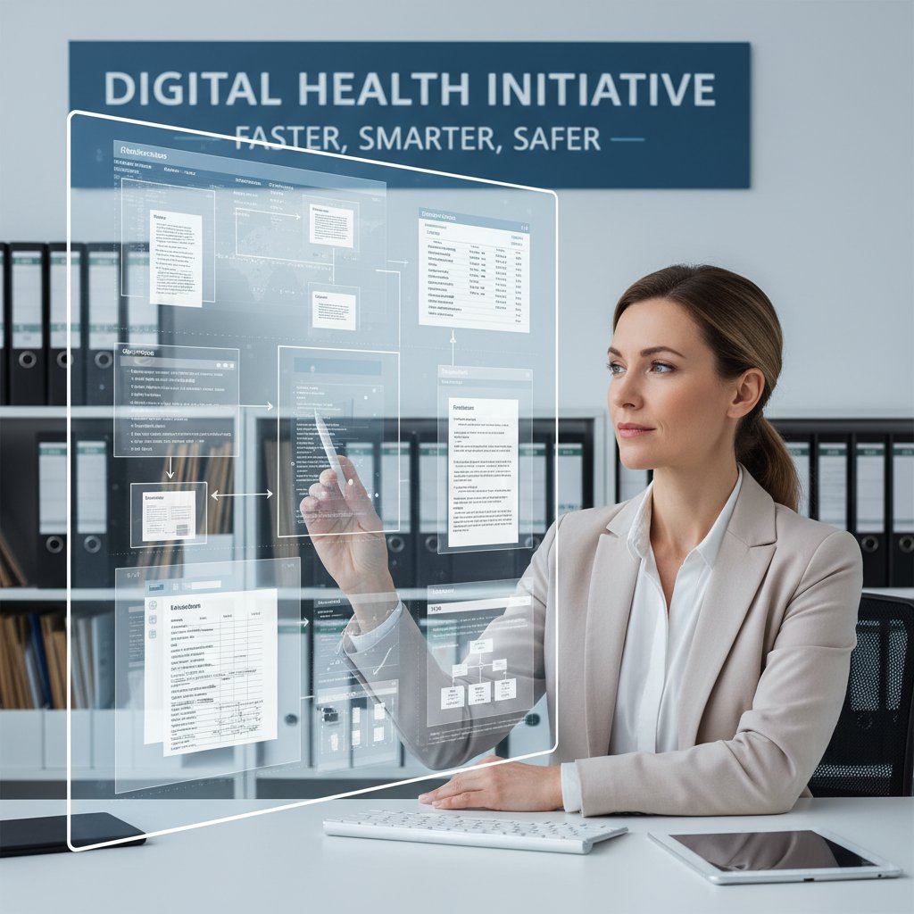 Healthcare admin using digital system to access patient records quickly, representing document digitization in health sector