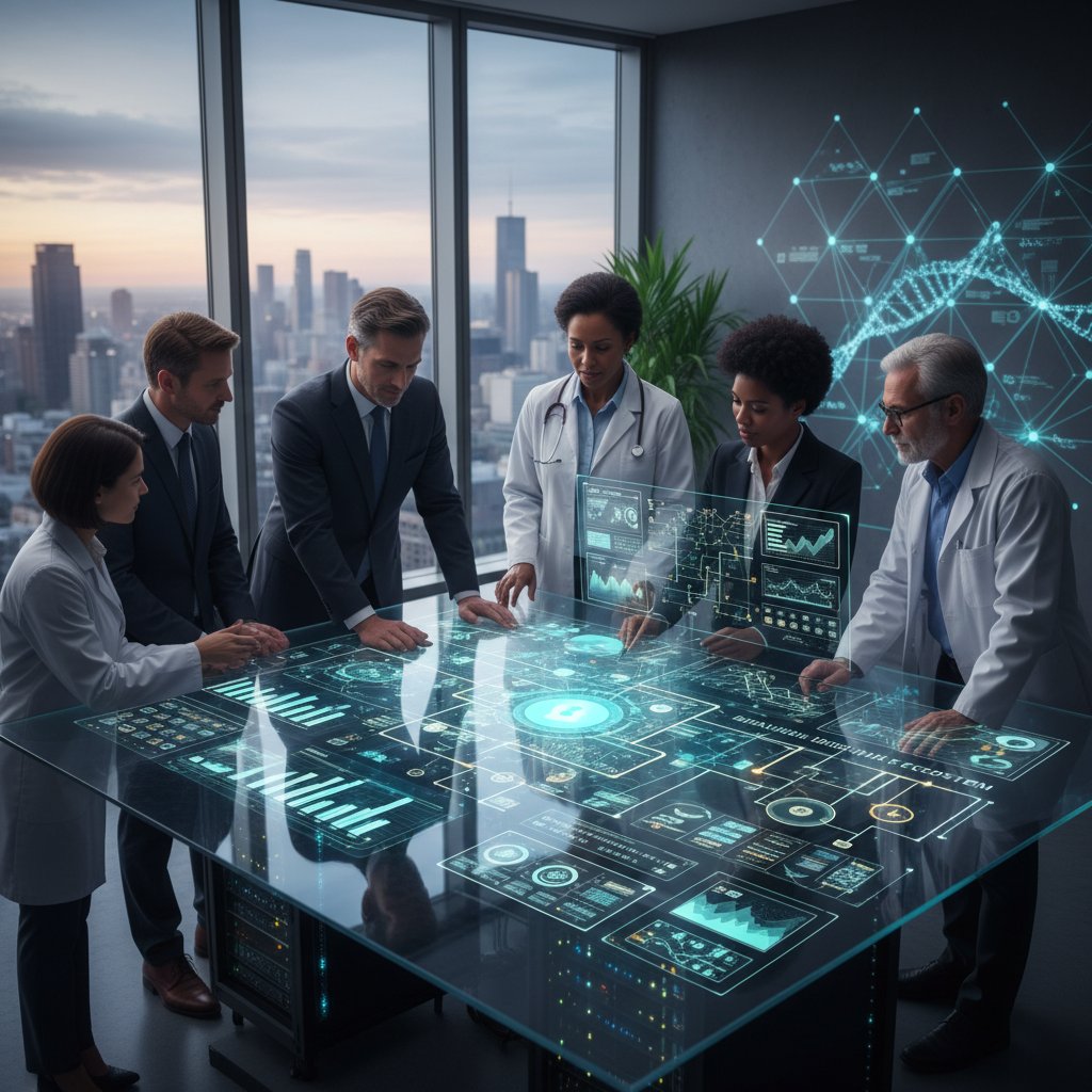 Healthcare leaders planning digital workflow with advanced analytics