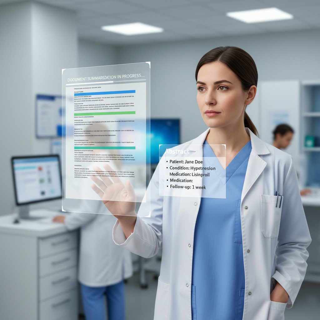 Healthcare worker using a digital interface, reviewing concise AI-generated document summaries instead of paper files