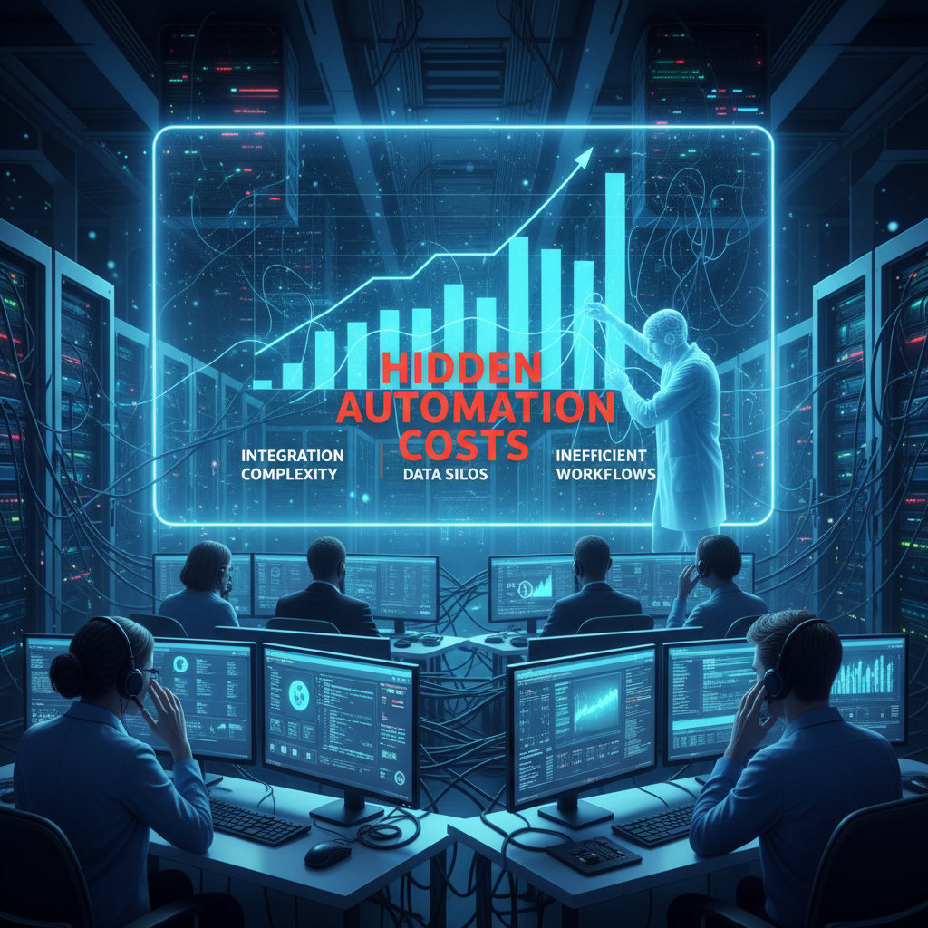 A pie chart showing hidden automation costs, illustrating retraining, integration, and churn as significant factors